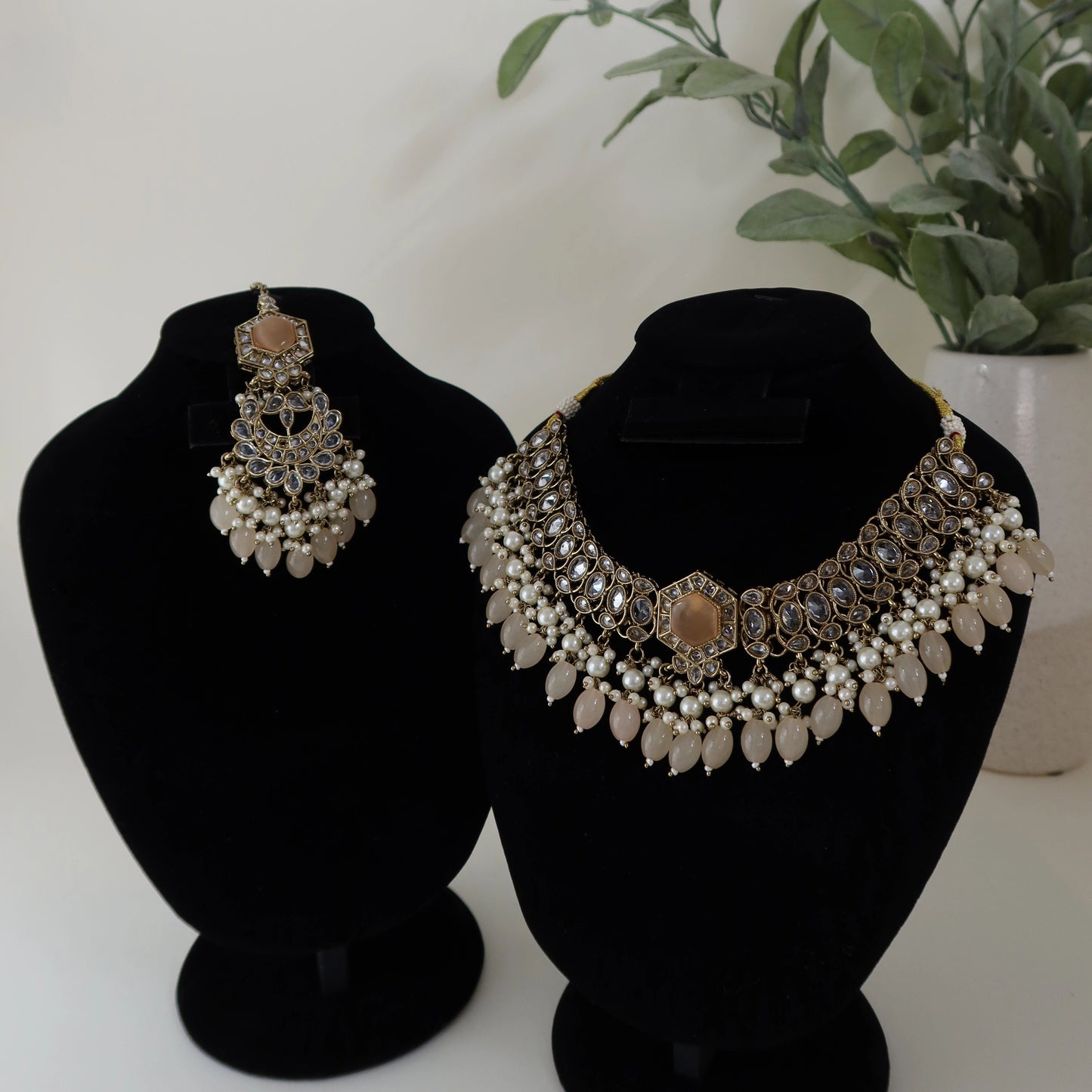 Jewelry set on black stands with a plant in the background