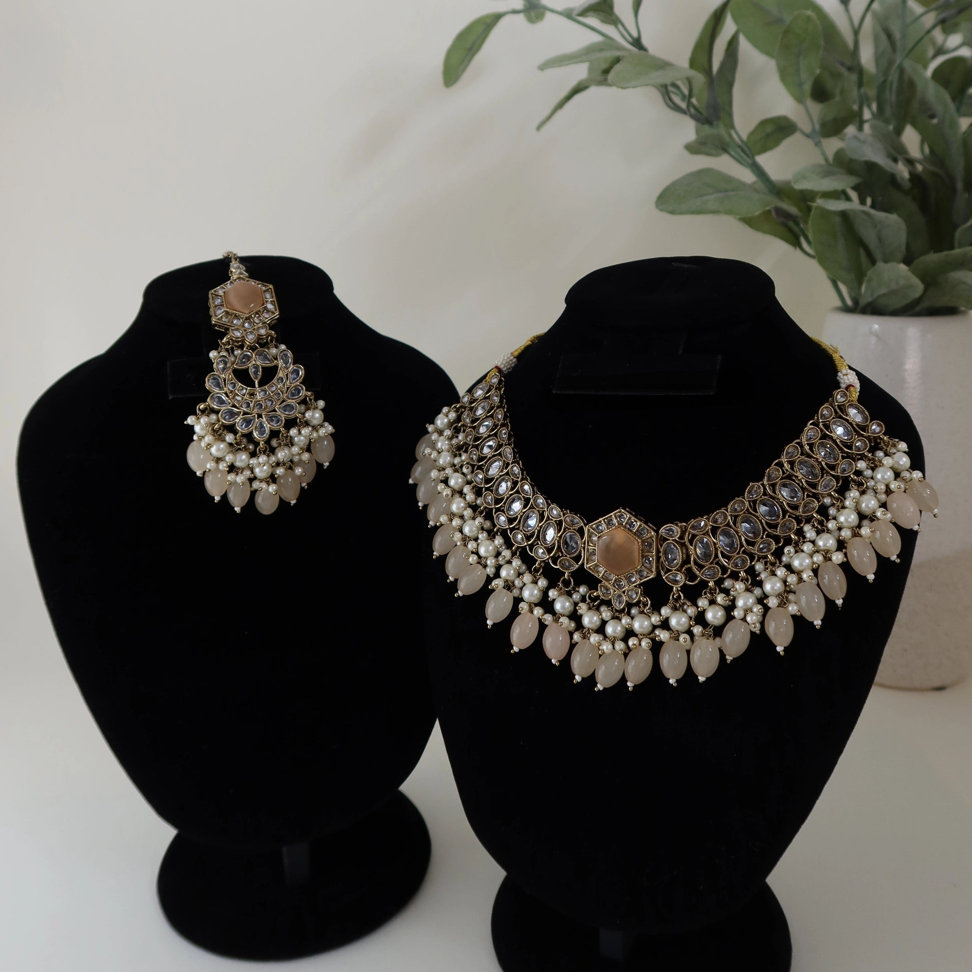 Jewelry set on black stands with a plant in the background