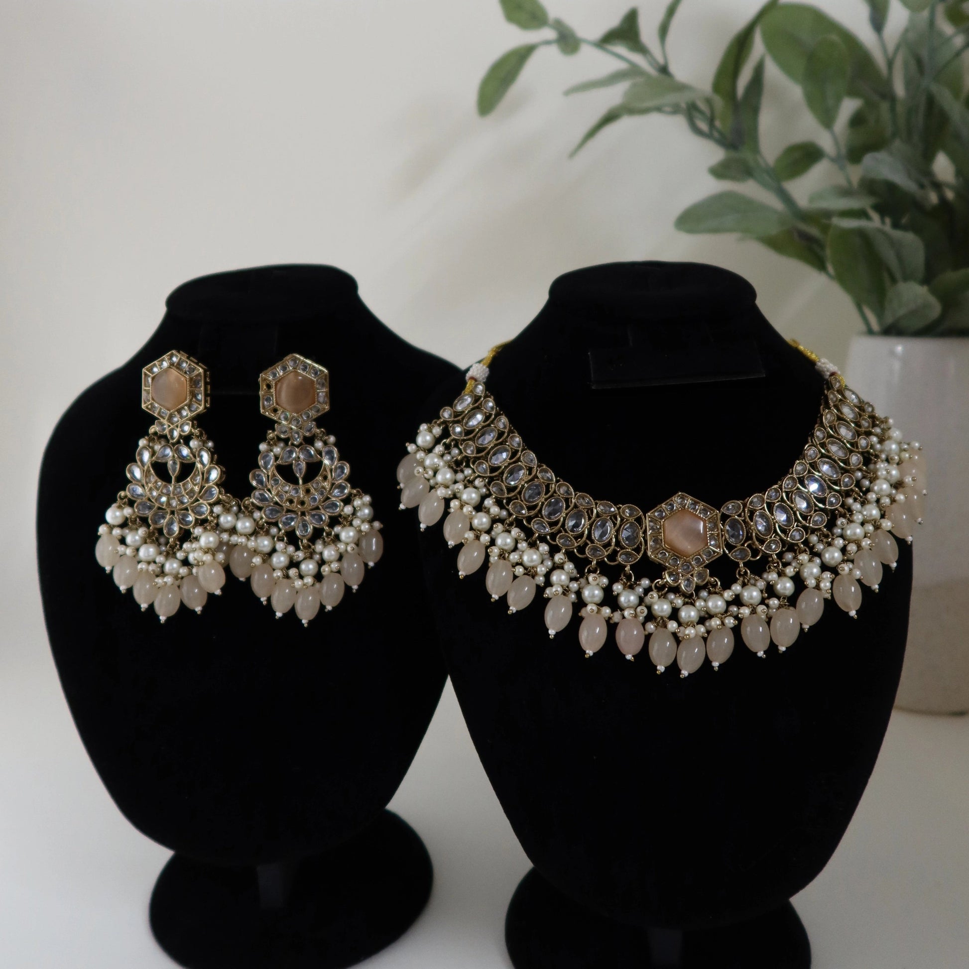 Jewelry set including earrings and a necklace on black stands with a plant in the background.