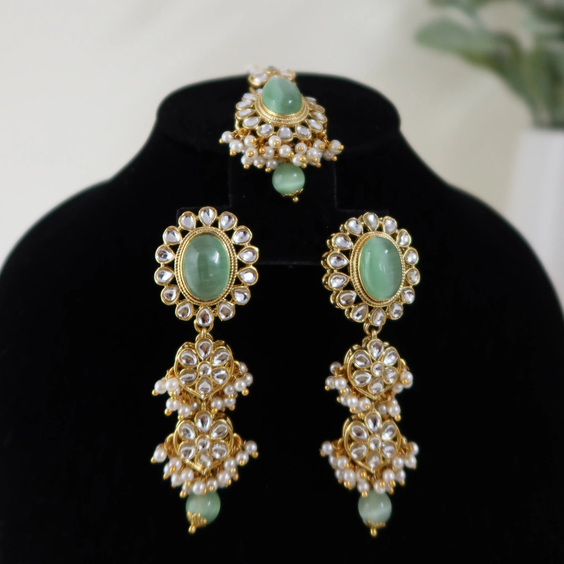 Set of green and gold earrings on a black stand with a blurred plant background