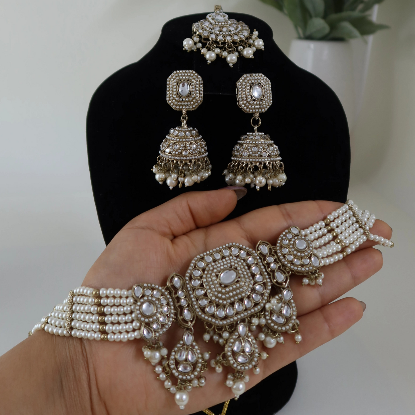 Set of silver jewelry including earrings and bangles on a black stand with a plant in the background.