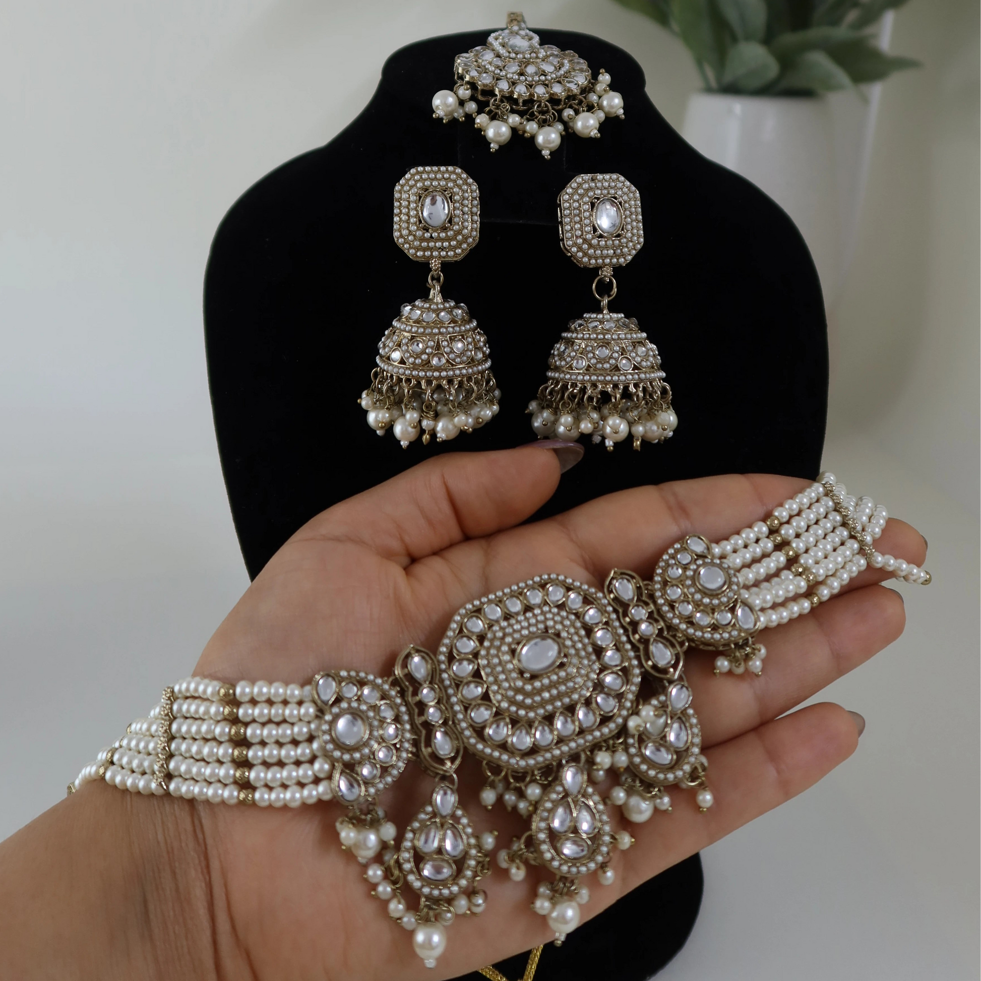 Set of silver jewelry including earrings and bangles on a black stand with a plant in the background.
