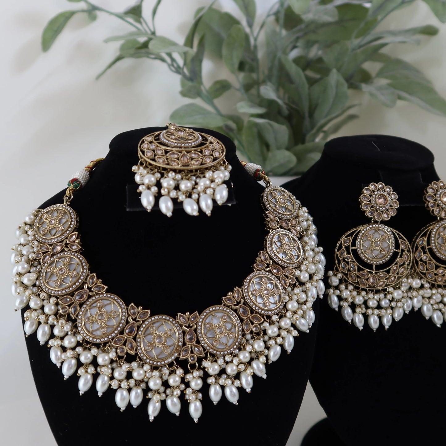 Ornate necklace and earrings set on black stands with a plant in the background