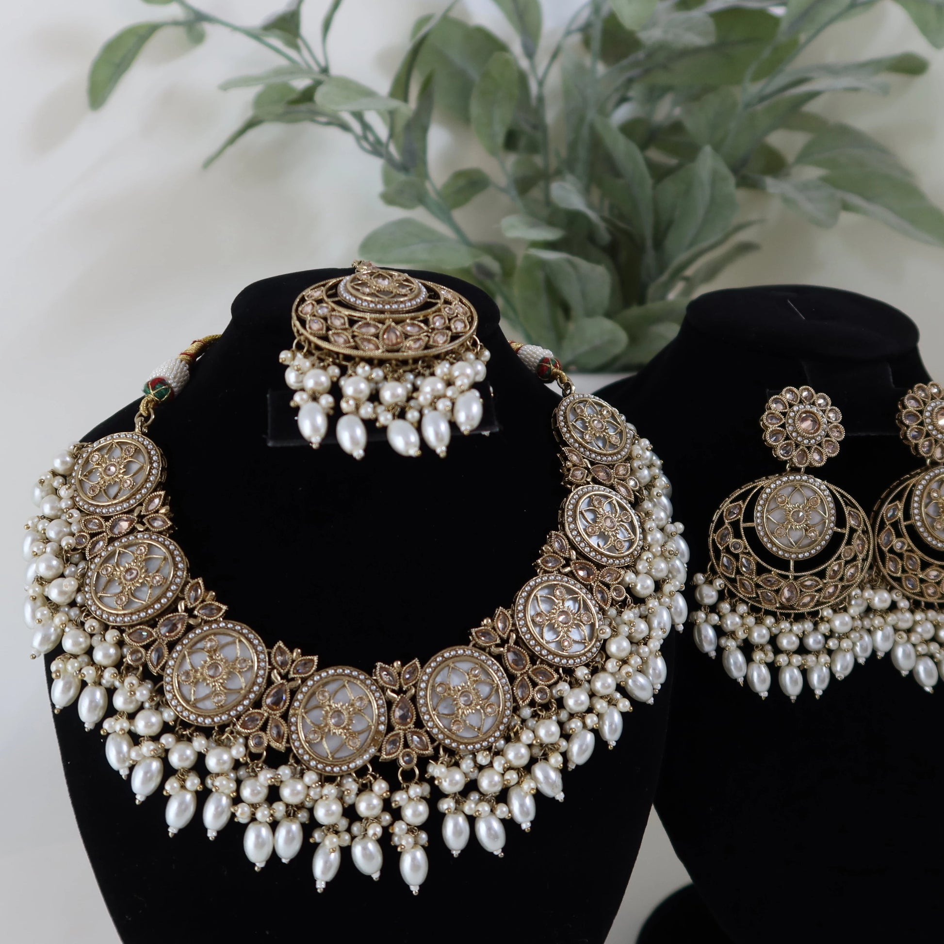Ornate necklace and earrings set on black stands with a plant in the background